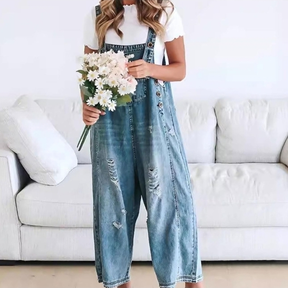 Casual Women's Distressed Denim Overalls